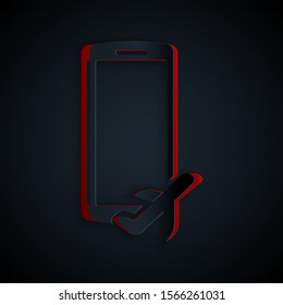 Paper cut Flight mode in the mobile phone icon isolated on black background. Airplane or aeroplane flight offline mode passenger regulation airline . Paper art style. Vector Illustration
