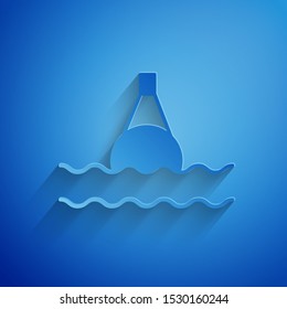 Paper cut Floating buoy on the sea icon isolated on blue background. Paper art style. Vector Illustration