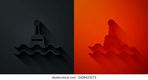 Paper cut Floating buoy on the sea icon isolated on black and red background. Paper art style. Vector