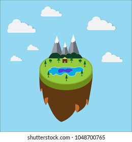 Paper cut floating island with cloud and mountain.Vector EPS10