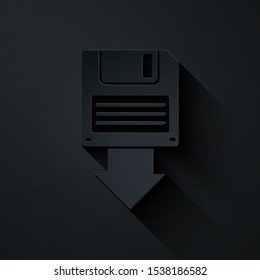 Paper cut Floppy disk backup icon isolated on black background. Diskette sign. Paper art style. Vector Illustration