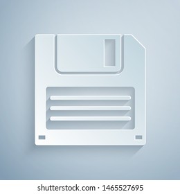 Paper cut Floppy disk for computer data storage icon isolated on grey background. Diskette sign. Paper art style. Vector Illustration