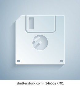 Paper cut Floppy disk for computer data storage icon isolated on grey background. Diskette sign. Paper art style. Vector Illustration