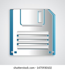 Paper cut Floppy disk for computer data storage icon isolated on grey background. Diskette sign. Paper art style. Vector Illustration