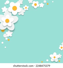 Paper cut floral background. White flowers on cyan color background vector illustration