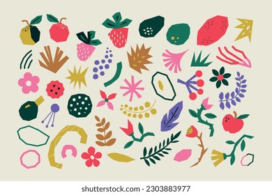 Paper cut floral elements. Colorful cute botanical set. Vector illustration. Bundle with flowers, wild berries, branches, twigs, leaves, fruits, plants, foliage and petals. Spring seamless pattern.