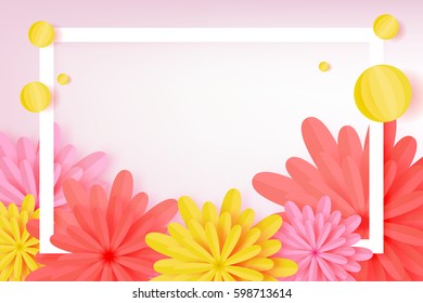 Paper cut Floral Greeting card. Origami flower holiday background. Square Frame, space for text. Trendy Design Template. Vector illustration