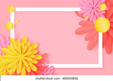 Paper cut Floral Greeting card. Origami flower holiday background. Square Frame, space for text. Trendy Design Template. Vector illustration