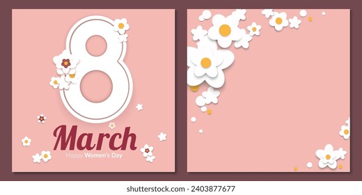 Paper cut floral greeting cards set for 8 March and Women's Day. A frame with white spring blossom and big eight number on pale pink background. Vector illustration.