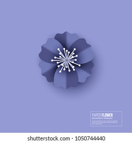 Paper cut flower blue color. 3d paper craft style. Decorative element. Vector illustration.