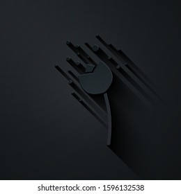 Paper cut Flower producing pollen in atmosphere icon isolated on black background. Paper art style. Vector Illustration