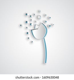 Paper cut Flower producing pollen in atmosphere icon isolated on grey background. Paper art style. Vector Illustration