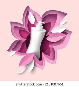 Flor de corte de papel con botella de bomba cosmética de plástico realista, ilustración vectorial. Loción corporal, jabón. Belleza y cuidado de la piel productos cosméticos maquillaje de marca, publicidad.