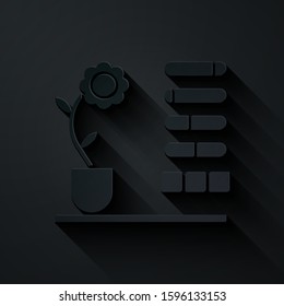Paper cut Flower status icon isolated on black background. Paper art style. Vector Illustration