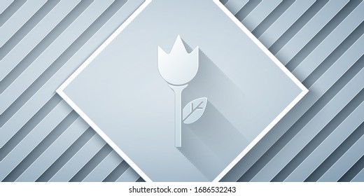 Paper cut Flower tulip icon isolated on grey background. Paper art style. Vector Illustration