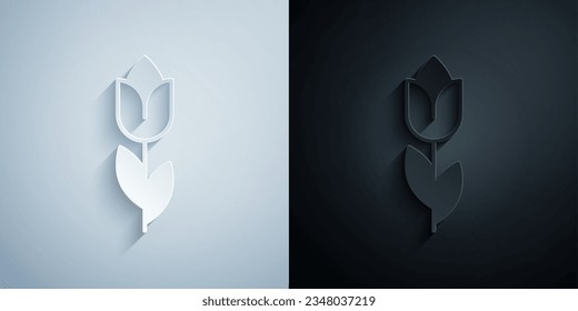 Paper cut Flower tulip icon isolated on grey and black background. 8 March. International Happy Women Day. Paper art style. Vector