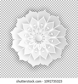 Paper cut flower volume object on transparent background. Origami style abstract geometric 3d Vector illustration for wedding designers.
