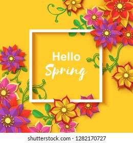 Paper cut flowers background with white frame. Origami concept, Vector card illustration. Backdrop with paper flowers and place for text, for wedding invitation, spring sale, romantic letter