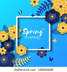 Paper cut flowers background with white frame. Origami concept, Vector card illustration. Backdrop with paper flowers and place for text, for wedding invitation, spring sale, romantic letter