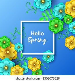 Paper cut flowers background with white frame. Origami concept, Vector card illustration. Backdrop with paper flowers and place for text, for wedding invitation, spring sale, romantic letter