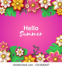 Paper cut flowers border, Origami concept, Vector card illustration. Pink Backdrop with paper flowers leaves and place for text, for wedding invitation, spring or summer sale.