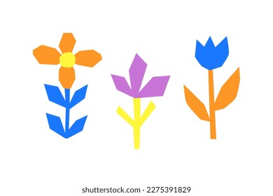 Paper cut flowers in childish style isolated on white background. Contemporary art collage illustration.