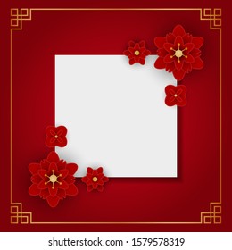 Paper cut flowers with a copy space. Oriental frame on blue background. Ideal for invitation, greeting, flyer, poster etc.