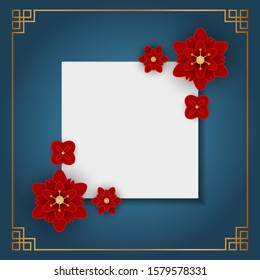 Paper cut flowers with a copy space. Oriental frame on blue background. Ideal for invitation, greeting, flyer, poster etc.