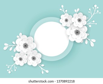 Paper Cut Flowers Frame Greeting Card Template. Decorative Design with 3D Origami Floral Elements for Spring Banner, Brochure, Poster. Wedding Trendy Background. Vector illustration