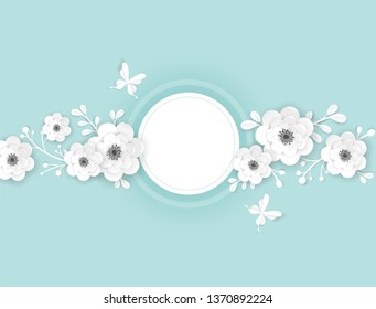 Paper Cut Flowers Frame Greeting Card Template. Decorative Design with 3D Origami Floral Elements for Spring Banner, Summer Sale Brochure, Poster. Wedding Trendy Background. Vector illustration