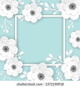 Paper Cut Flowers Frame Greeting Card Template. Decorative Design with 3D Origami Floral Elements for Spring Banner, Summer Sale Brochure, Poster. Wedding Trendy Background. Vector illustration