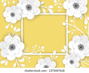 Plantilla de tarjeta de felicitación de marco de flor de papel. Diseño decorativo con elementos florales en 3D de Origami para banner de primavera, folleto, afiche. Fondo de moda de bodas. Ilustración del vector