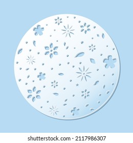 Paper cut flowers and leaves in circle on blue background. Vector illustration.