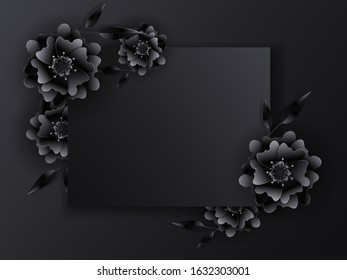 Paper Cut Flowers and Leaves Decorated on Black Background with Space for message.