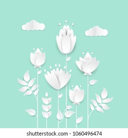 Paper cut flowers - modern vector colorful illustration on blue background. High quality greeting card, invitation template. Romantic composition with floral decoration and clouds
