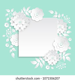 Paper cut flowers - modern vector colorful illustration on blue background with a square frame, blank place for your text. High quality greeting card, invitation template. Romantic composition