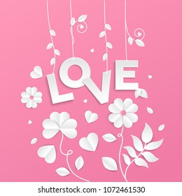 Paper cut flowers - modern vector colorful illustration on pink background. High quality greeting card, invitation template with a word love. Romantic composition with floral decoration, petals