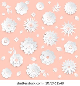 Paper cut flowers - set of modern vector colorful objects isolated on pink background. High quality collection of lovely white buds with leaves and petals, perfect for greeting cards, invitations