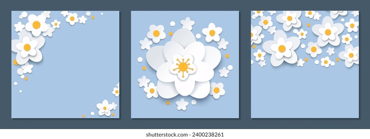 Colección de fondo cuadrado de flores cortadas con papel. Flores 3D de primavera blanca en azul con espacio de copia para texto. Ilustración vectorial.