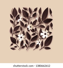 Paper cut flowers vector floral illustration with leaves. Nature Concept of floral composition for beauty salon, cosmetics, spa flyer invitation or greeting card