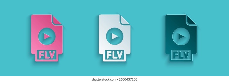 Paper cut FLV file document video file format. Download flv button icon isolated on blue background. FLV file symbol. Paper art style. Vector