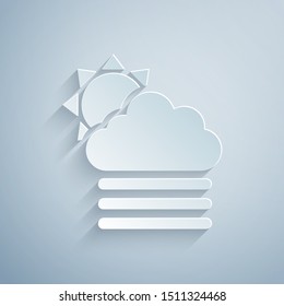 Paper cut Fog and cloud with sun icon isolated on grey background. Paper art style. Vector Illustration