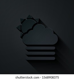 Paper cut Fog and cloud with sun icon isolated on black background. Paper art style. Vector Illustration
