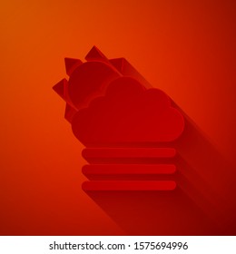 Paper cut Fog and cloud with sun icon isolated on red background. Paper art style. Vector Illustration