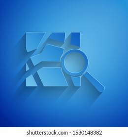 Paper cut Folded map with location marker icon isolated on blue background. Paper art style. Vector Illustration