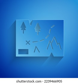 Recorte de papel Mapa doblado con icono de marcador de posición aislado en fondo azul. Estilo de arte de papel. Ilustración vectorial