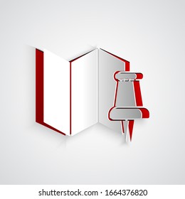 Paper cut Folded map with push pin icon isolated on grey background. Paper art style. Vector Illustration