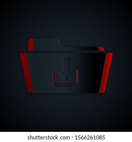 Paper cut Folder download icon isolated on black background. Paper art style. Vector Illustration