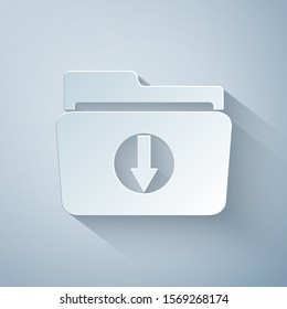Paper cut Folder download icon isolated on grey background. Paper art style. Vector Illustration
