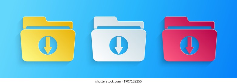 Icono de descarga de carpeta de corte de papel aislado en fondo azul. Estilo de arte de papel. Vector.